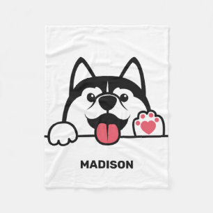 Cute Siberian Husky custom name Fleece Blanket