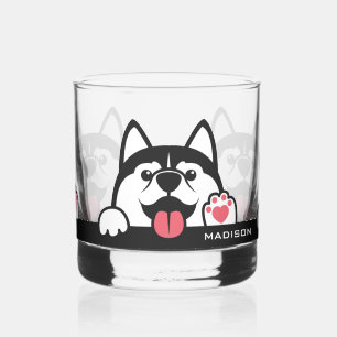 Cute Siberian Husky custom name Whiskey Glass