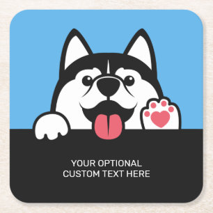 Cute Siberian Husky custom text & colour Square Paper Coaster