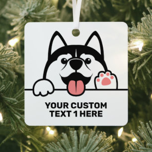 Cute Siberian Husky custom text Metal Ornament