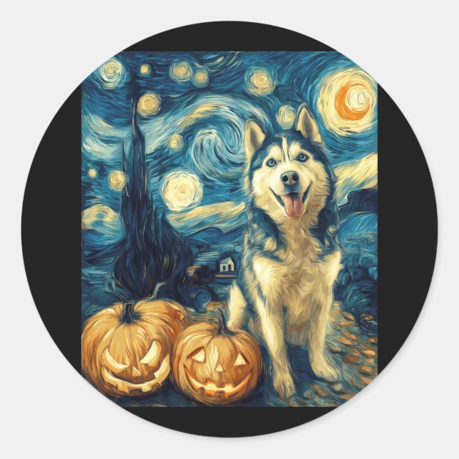 Cute Siberian Husky Dog Halloween Jack O Lantern P Classic Round Sticker (Front)