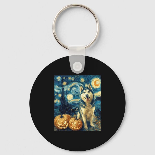 Cute Siberian Husky Dog Halloween Jack O Lantern P Keychain (Front)