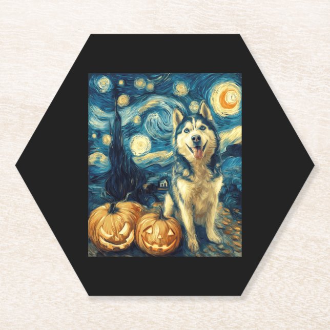 Cute Siberian Husky Dog Halloween Jack O Lantern P Paper Coaster (Front)