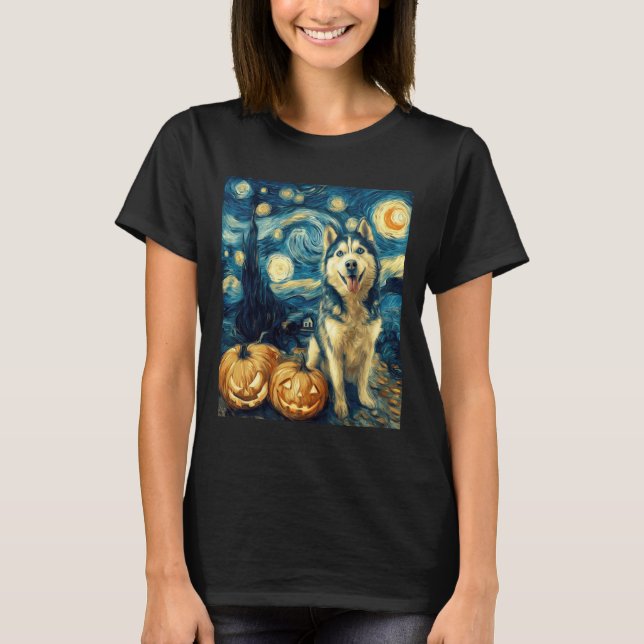 Cute Siberian Husky Dog Halloween Jack O Lantern P T-Shirt (Front)