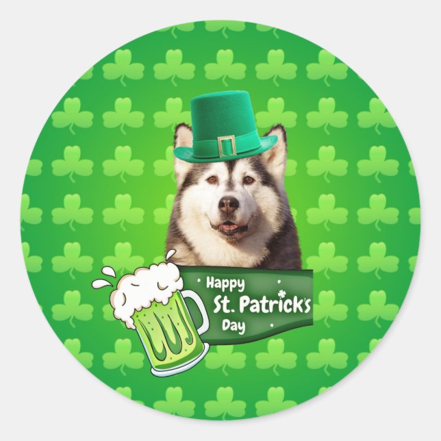 Cute Siberian Husky Dog Hat St. Patrick's Day Classic Round Sticker (Front)