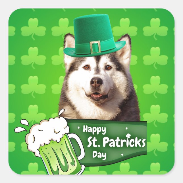 Cute Siberian Husky Dog Hat St. Patrick's Day Square Sticker (Front)