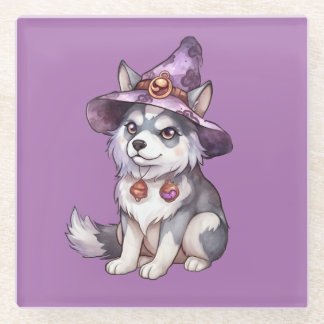 Cute Siberian Husky Dog in Witch Hat Glass Coaster