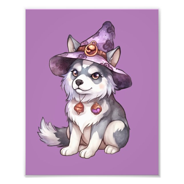 Cute Siberian Husky Dog in Witch Hat Photo Print (Front)