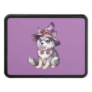 Cute Siberian Husky Dog in Witch Hat Trailer Hitch Cover