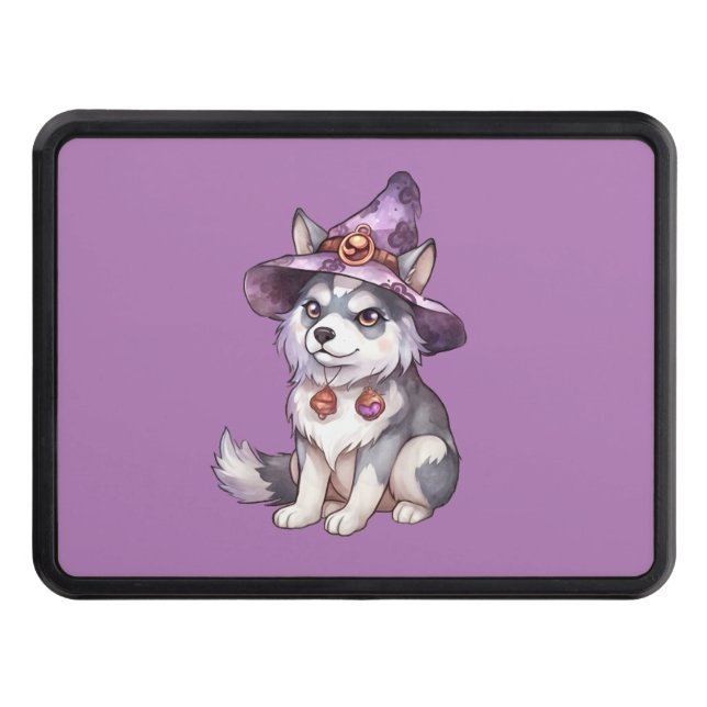 Cute Siberian Husky Dog in Witch Hat Trailer Hitch Cover (Front)