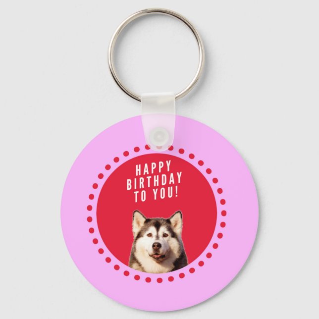 Cute Siberian Husky Dog Wishing Happy Birthday Keychain (Front)