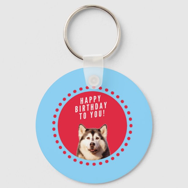 Cute Siberian Husky Happy Birthday blue red dots Keychain (Front)