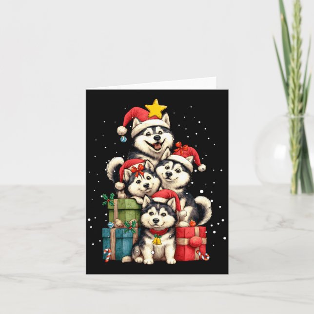 Cute Siberian Husky Le Dog Christmas Tree Xmas Hat Card (Front)