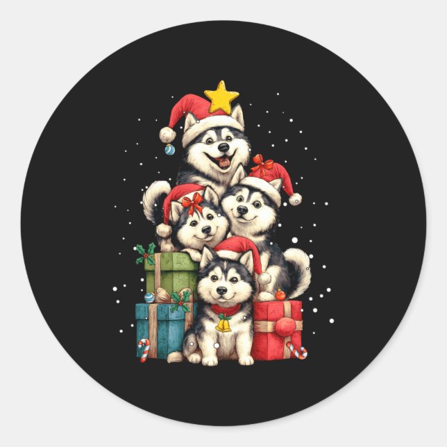 Cute Siberian Husky Le Dog Christmas Tree Xmas Hat Classic Round Sticker (Front)