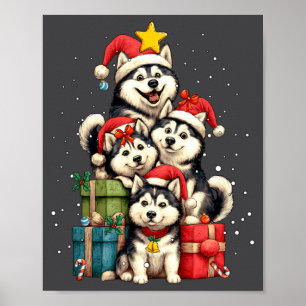 Cute Siberian Husky Le Dog Christmas Tree Xmas Hat Poster