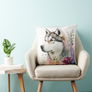 CUTE SIBERIAN HUSKY PUPPY DOG WITH WILDFLOWERS THROW PILLOW