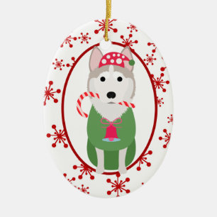 Cute Siberian Husky Red Snowflake Template Ceramic Ornament