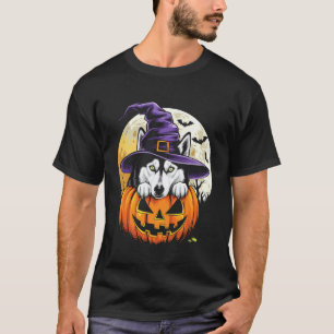 Cute Siberian Husky Witch Pumpkin Halloween Funny  T-Shirt