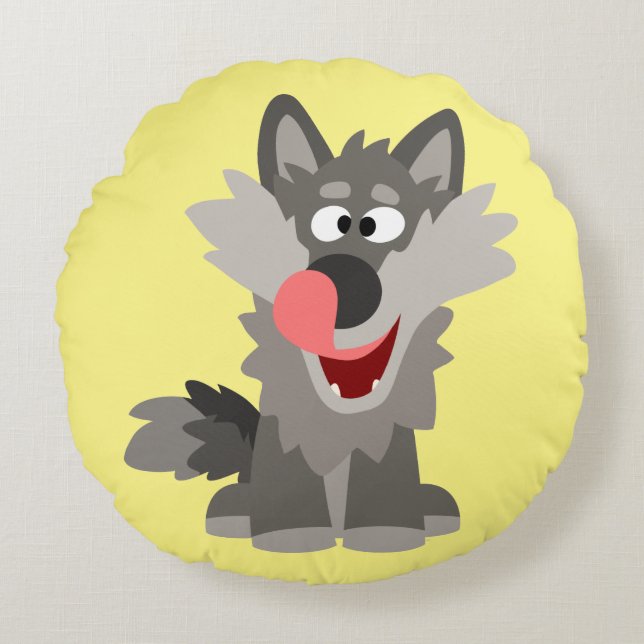 Cute Silly Cartoon Wolf Round Pillow (Front)