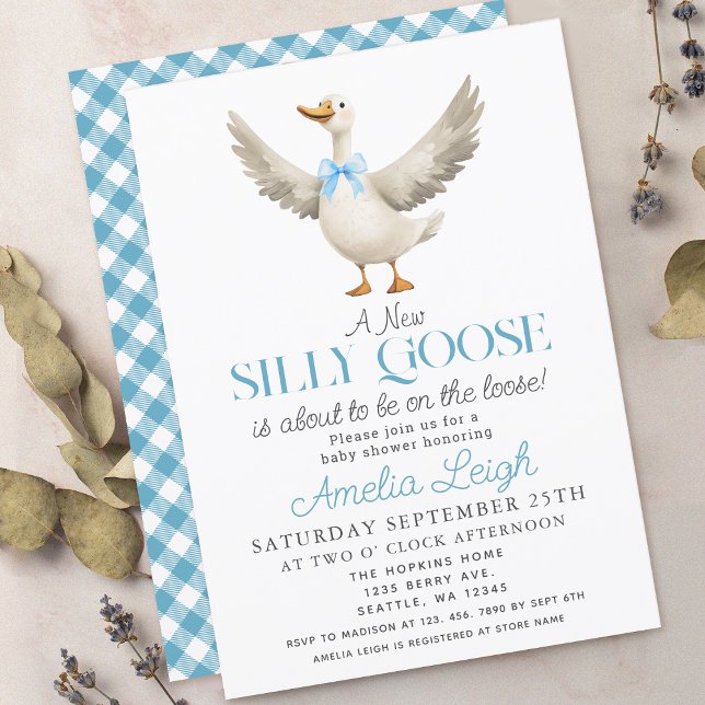 Cute Silly Goose Blue Ribbon Boy Baby Shower Invitation (Creator Uploaded)