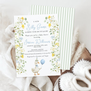 Cute Silly Goose Floral Baby Boy Shower Invitation