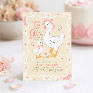Cute Silly Goose Pink Bow Girl Baby Shower Invitation