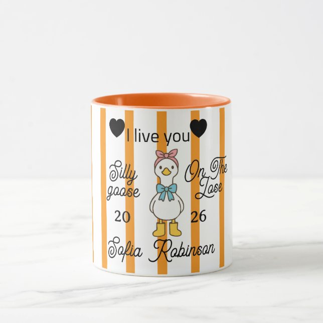 Cute Silly Goose Pink Stripe Personalized Mug (Centre)