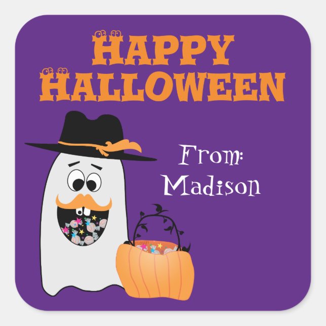 Cute Silly Halloween Ghost Sweet tooth Kids Square Sticker (Front)