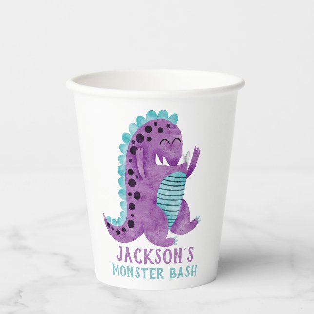 Cute Silly Monster Dinosaur Birthday Party Paper Cups (Front)