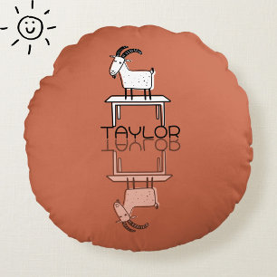 Cute Silly Pink Goat Reflection Doodle Custom Name Round Pillow