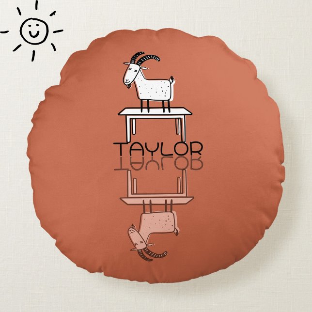 Cute Silly Pink Goat Reflection Doodle Custom Name Round Pillow (Creator Uploaded)