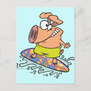 cute silly surfer surfing piggy pig postcard