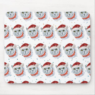 Cute Silver Cat with Santa Hat Christmas Mouse Pad