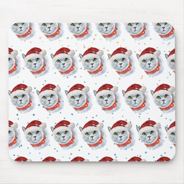 Cute Silver Cat with Santa Hat Christmas Mouse Pad (Front)