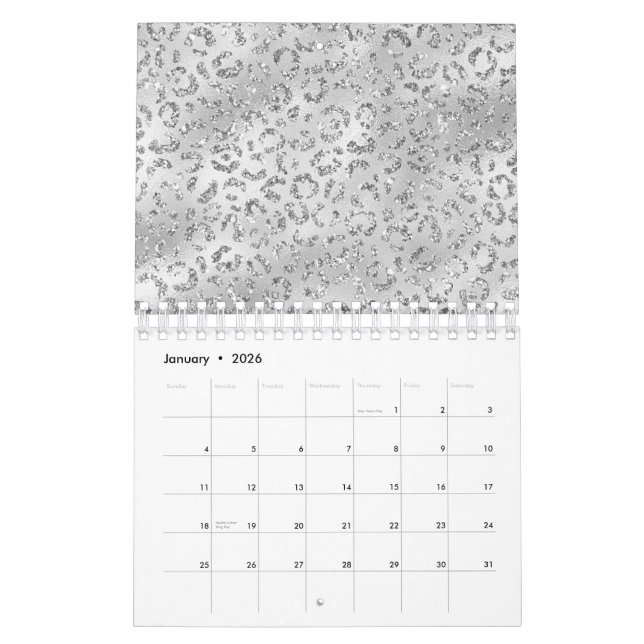 Cute Silver Cheetah Leopard Skin Print Pattern Calendar (Jan 2026)