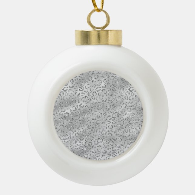 Cute Silver Cheetah Leopard Skin Print Pattern Ceramic Ball Christmas Ornament (Front)
