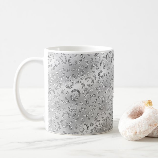 Cute Silver Cheetah Leopard Skin Print Pattern Coffee Mug (With Donut)