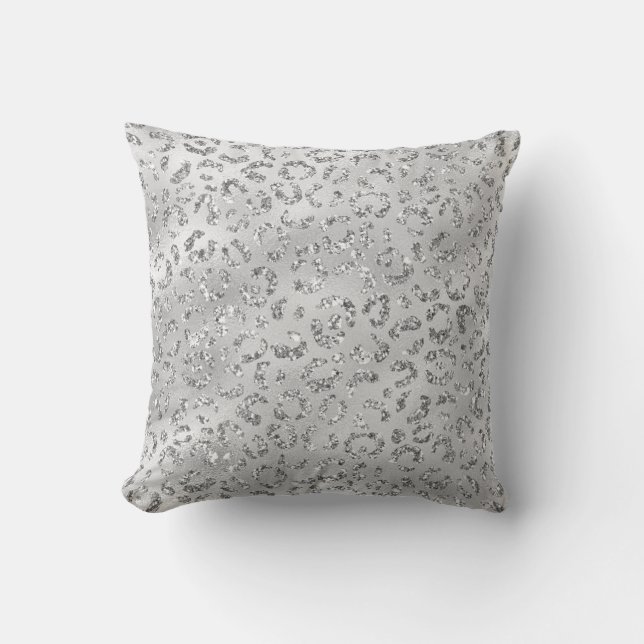 Cute Silver Cheetah Leopard Skin Print Pattern Throw Pillow (Front)