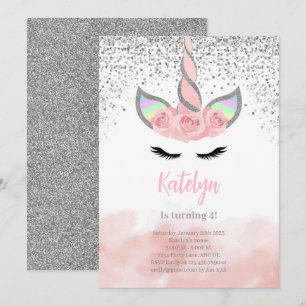 Cute Silver Glitter Unicorn Birthday Invitation