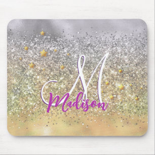Cute silver gold Glitter stars monogram Mouse Pad