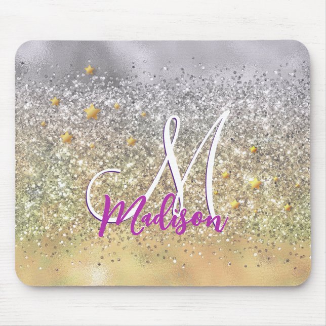 Cute silver gold Glitter stars monogram Mouse Pad (Front)