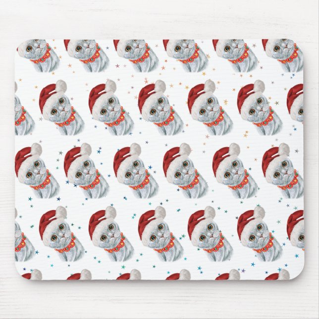 Cute Silver Grey Cat With Christmas Cat Collar Mouse Pad (Front)