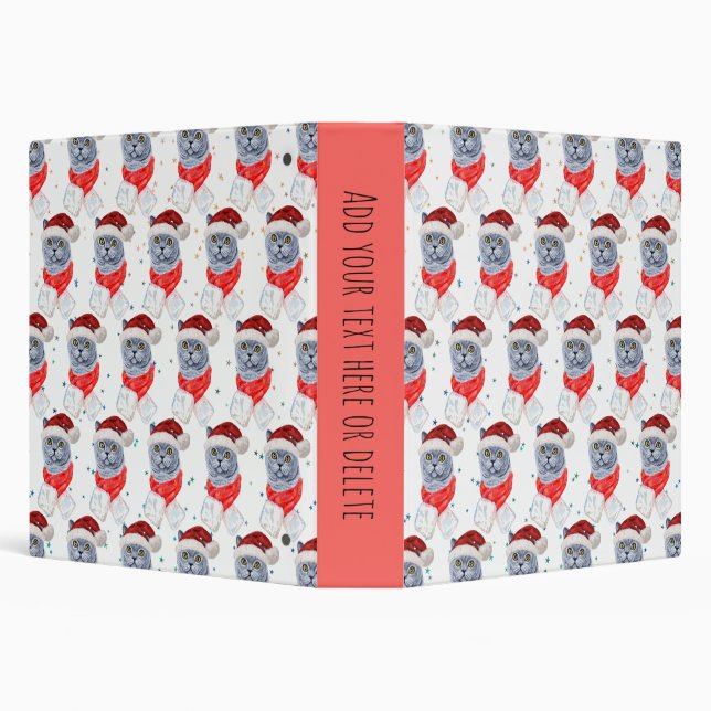 Cute Silver Grey Cat With Santa Hat Christmas Binder (Background)