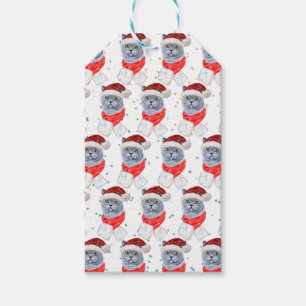 Cute Silver Grey Cat With Santa Hat Christmas Gift Tags