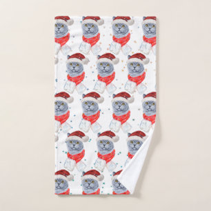 Cute Silver Grey Cat With Santa Hat Christmas Hand Towel