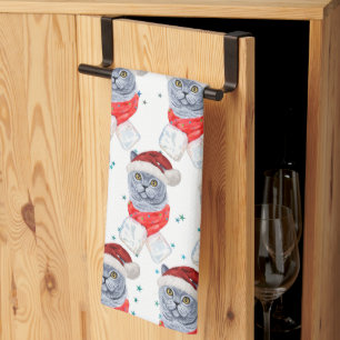 Cute Silver Grey Cat With Santa Hat Christmas Kitchen Towel