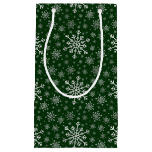 Cute Silver Grey Christmas Snowflakes on Green   Small Gift Bag