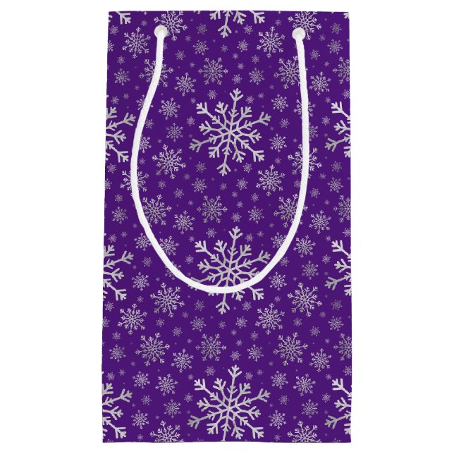 Cute Silver Grey Christmas Snowflakes on Purple  Small Gift Bag (Front)