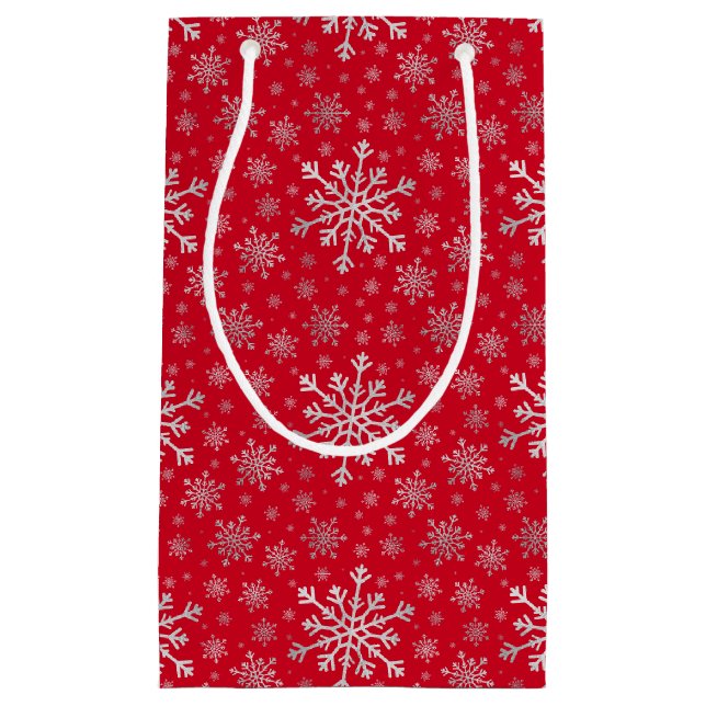 Cute Silver Grey Christmas Snowflakes on Red   Small Gift Bag (Front)