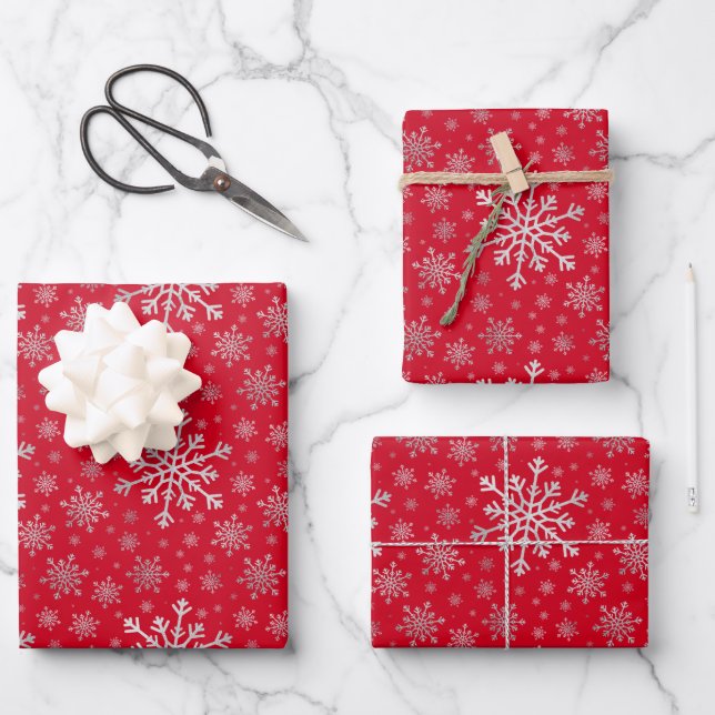 Cute Silver Grey Christmas Snowflakes on Red Wrapp Wrapping Paper Sheet (Front)